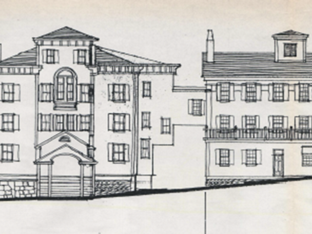 This image shows an architectural sketch of a two-section building, with multiple windows and a sloping roof design.