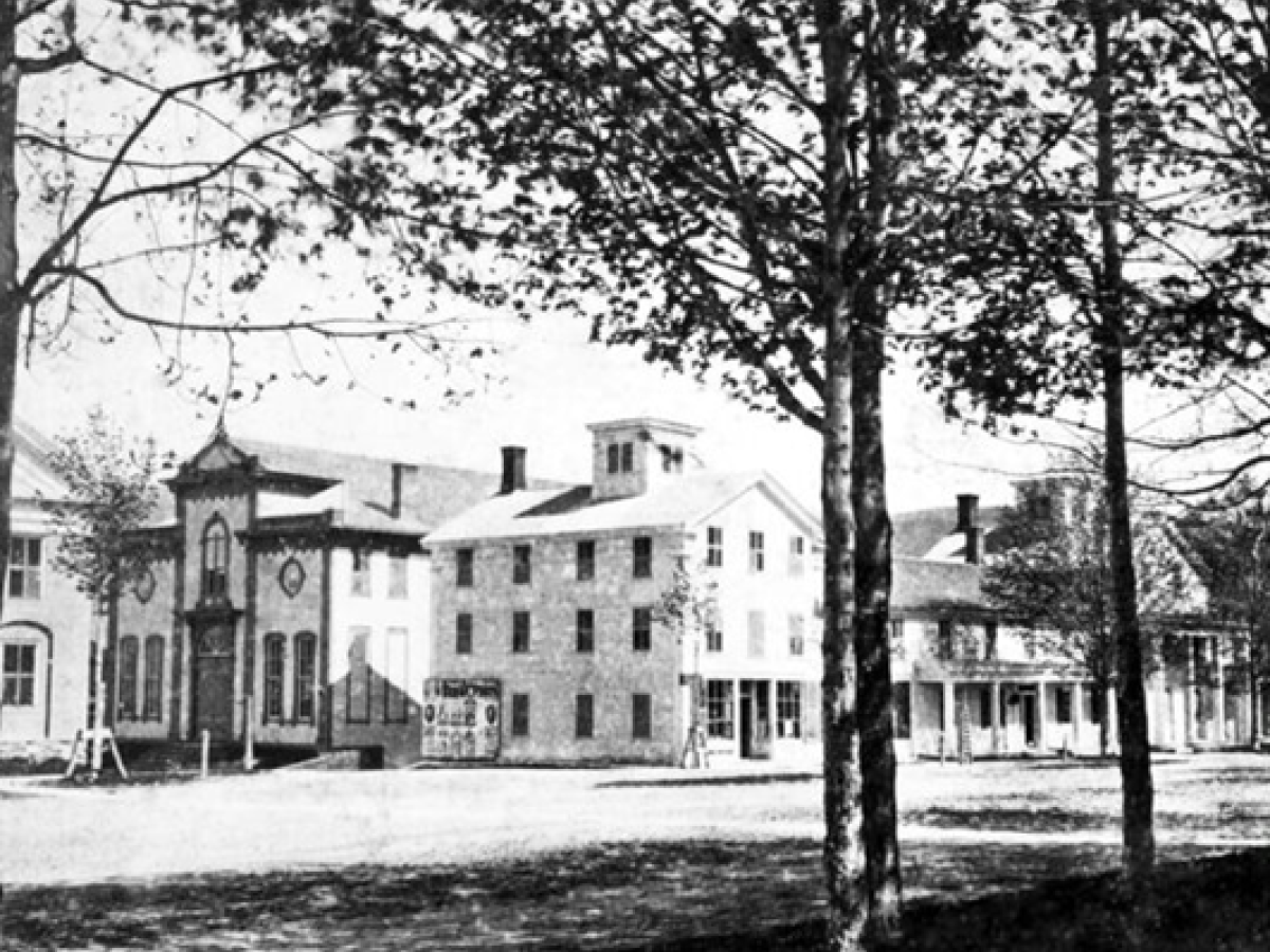 A black and white photo of historic buildings lined up along a street, with trees in the foreground.