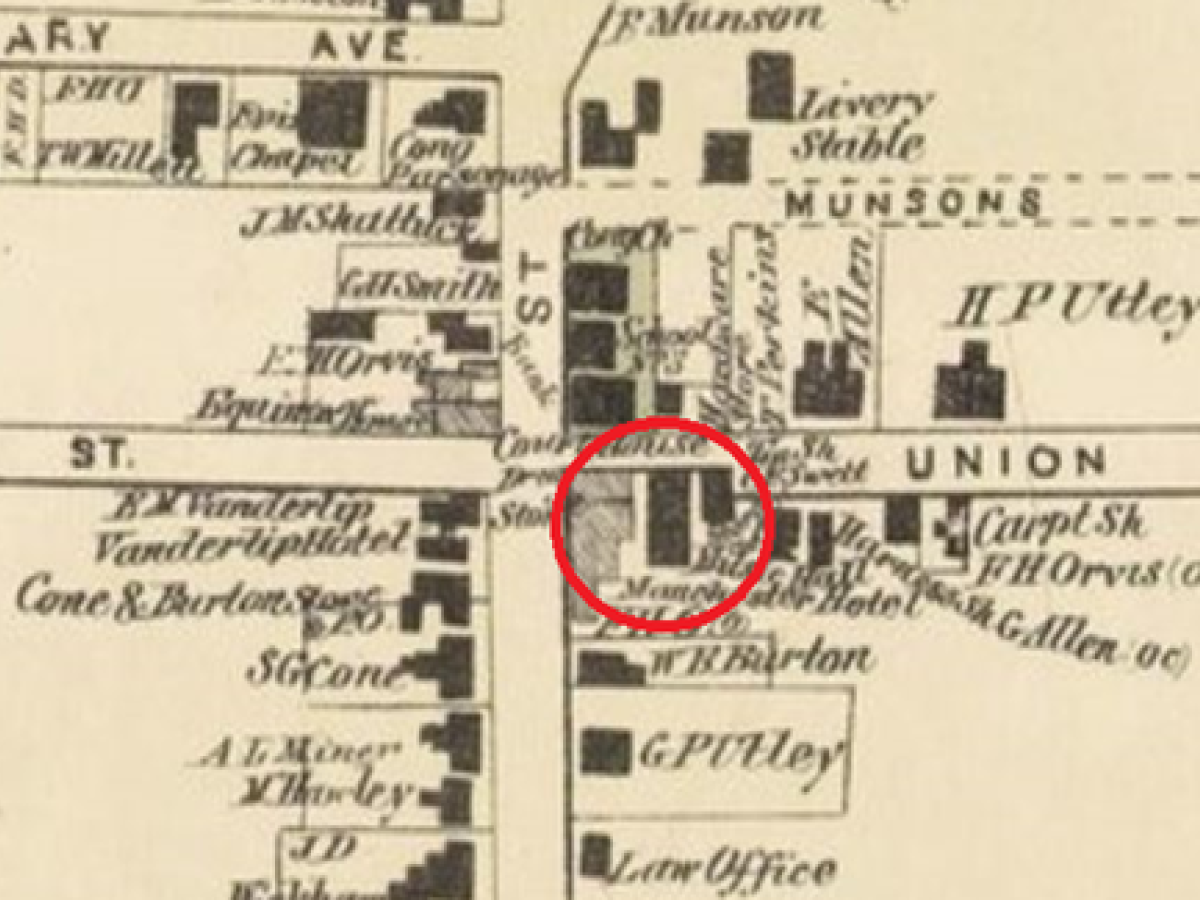 This image is a vintage map with a red circle highlighting a specific area at the intersection of streets named St. and Union.