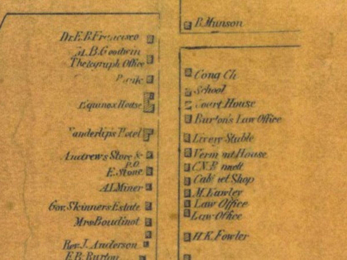 The image shows a vintage map or diagram with a list of locations and names, including businesses and offices, on a brownish background.