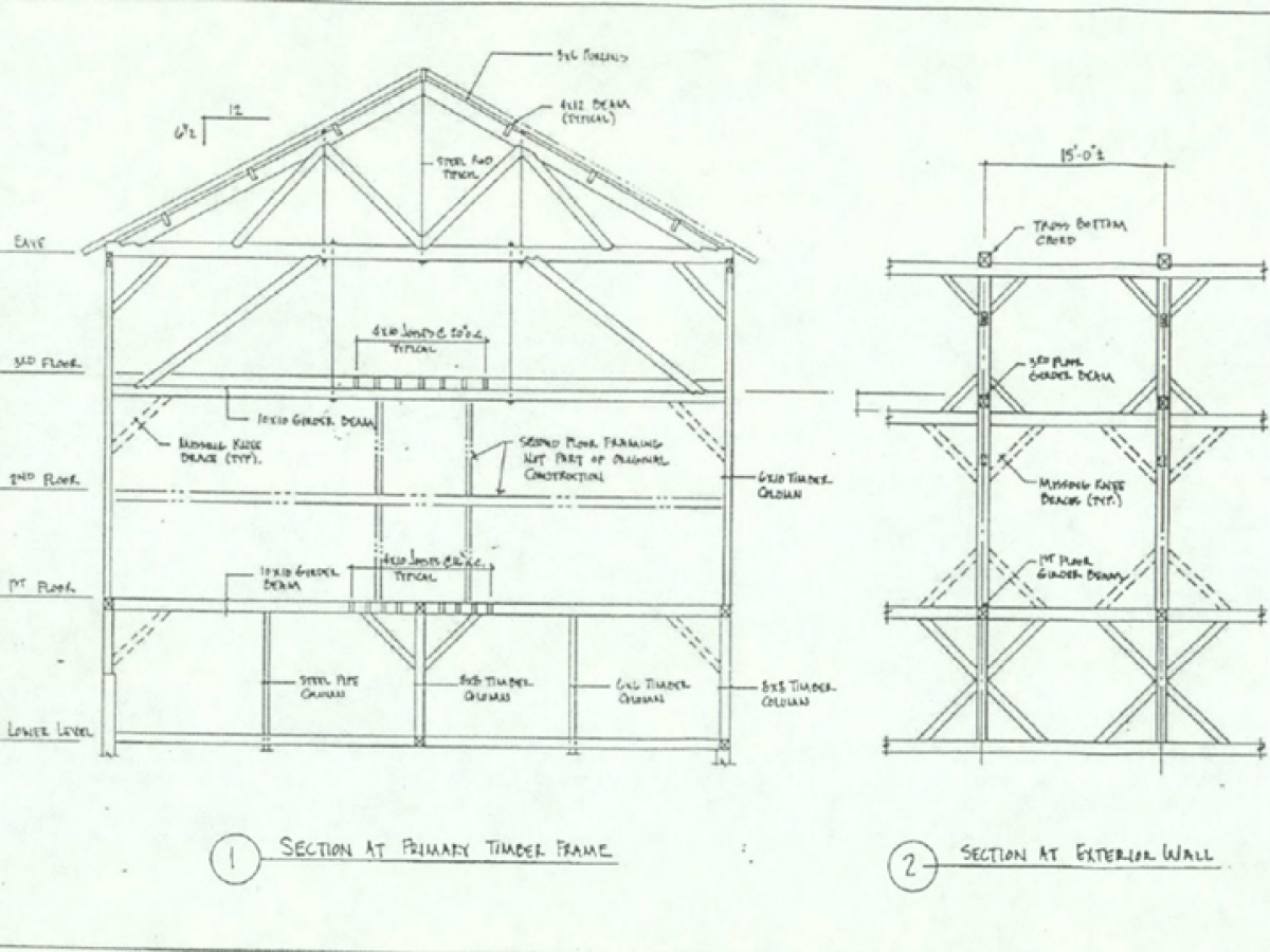 The image shows architectural drawings of timber framing sections, including detailed measurements and labels for various structural components.