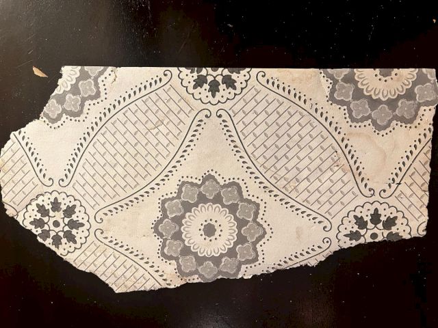 A torn piece of patterned fabric or paper with a floral lace-like design in gray and white, curved edges, and decorative motifs.