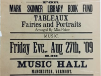 Entertainment for the Mark Skinner Library Book Fund, featuring tableaux, fairies, and portraits in 1909.