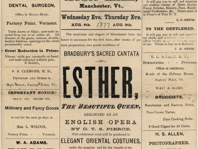 A vintage newspaper poster titled &ldquo;ESTHER!&rdquo; packed with ads, names, and dates in bold print.
